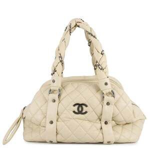 CHANEL White Leather Logo Boston Bag